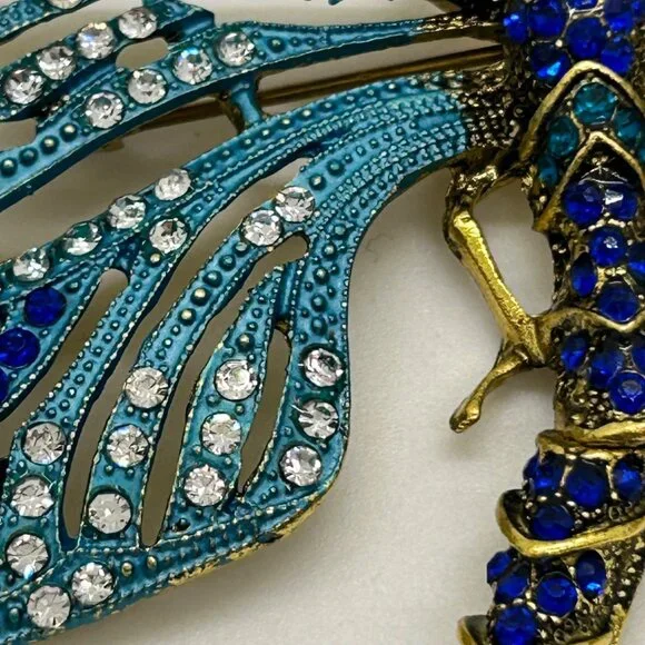 Dragonfly Brooch Articulated Tail Blue Teal Rhinestones Statement 5 inch wide - Picture 11 of 16